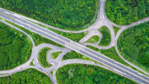 Aerial view of busy UK roads representing road safety and driver training for commercial vehicle operators
