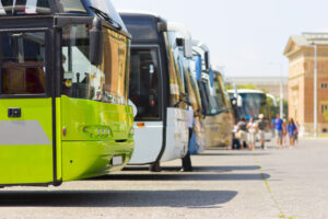 Coaches lined up reflecting DVSA bus and coach driver training standards and Driver CPC requirements.